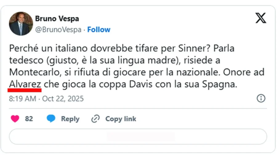 Bruno Vespa ataca a Jannik Sinner pero falla dos nombres